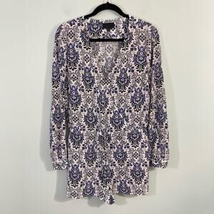 Intermix Women's Blue Graphics Surplice Neckline Long Sleeve Silk Romper Size M
